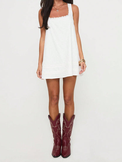 Women Loose Mini Dress Casual Summer Lace Patchwork Square Neck Sleeveless Party Dress For Beach Club Streetwear