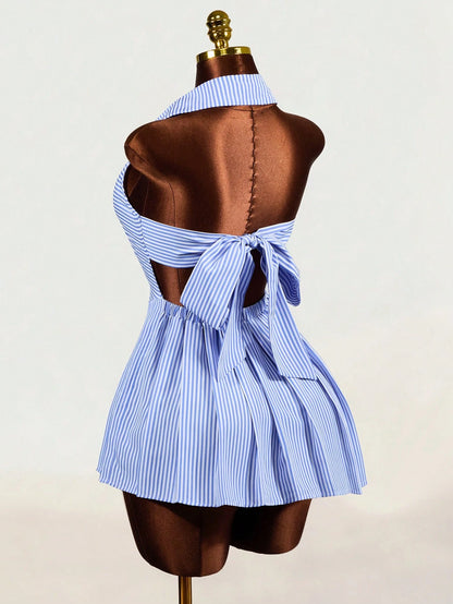 Women Mini Dresses Back-To-School Vacation Blue And White Stripe Coastal