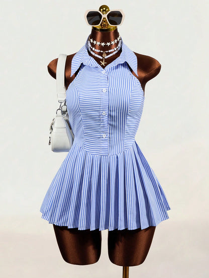 Women Mini Dresses Back-To-School Vacation Blue And White Stripe Coastal
