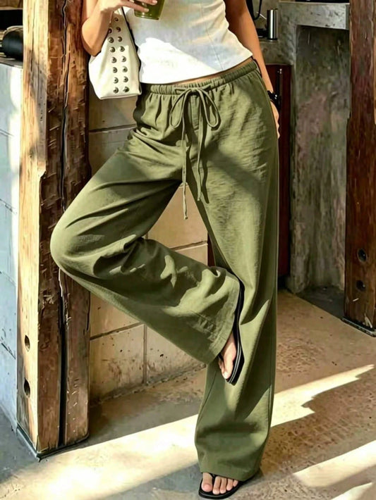 Women's 1pc Linen Style Wide Leg Pants, Elastic Waist High Waist Flowy Loose Long Pants, Casual Slouchy Comfortable Vacation Essential For Spring Summer Autumn Winter