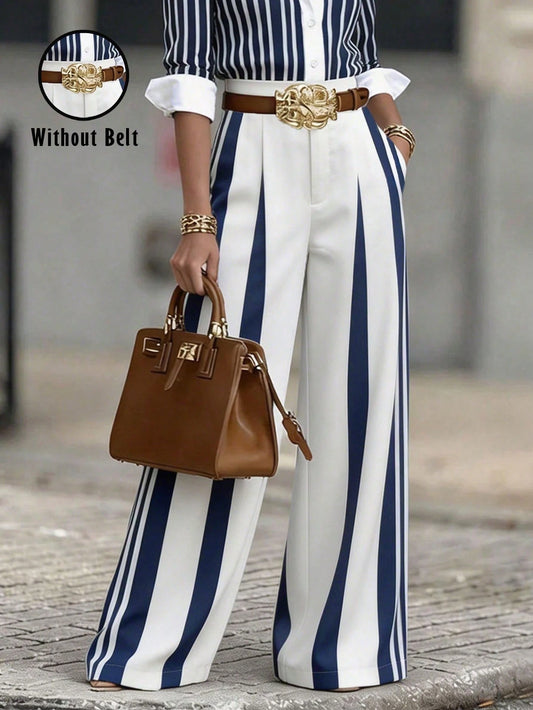 Women's Autumn Elegant Chic Navy And White Striped High-Waisted Wide-Leg Pants,French Office Commuter Style Draping Pleated Trousers With Metal Button
