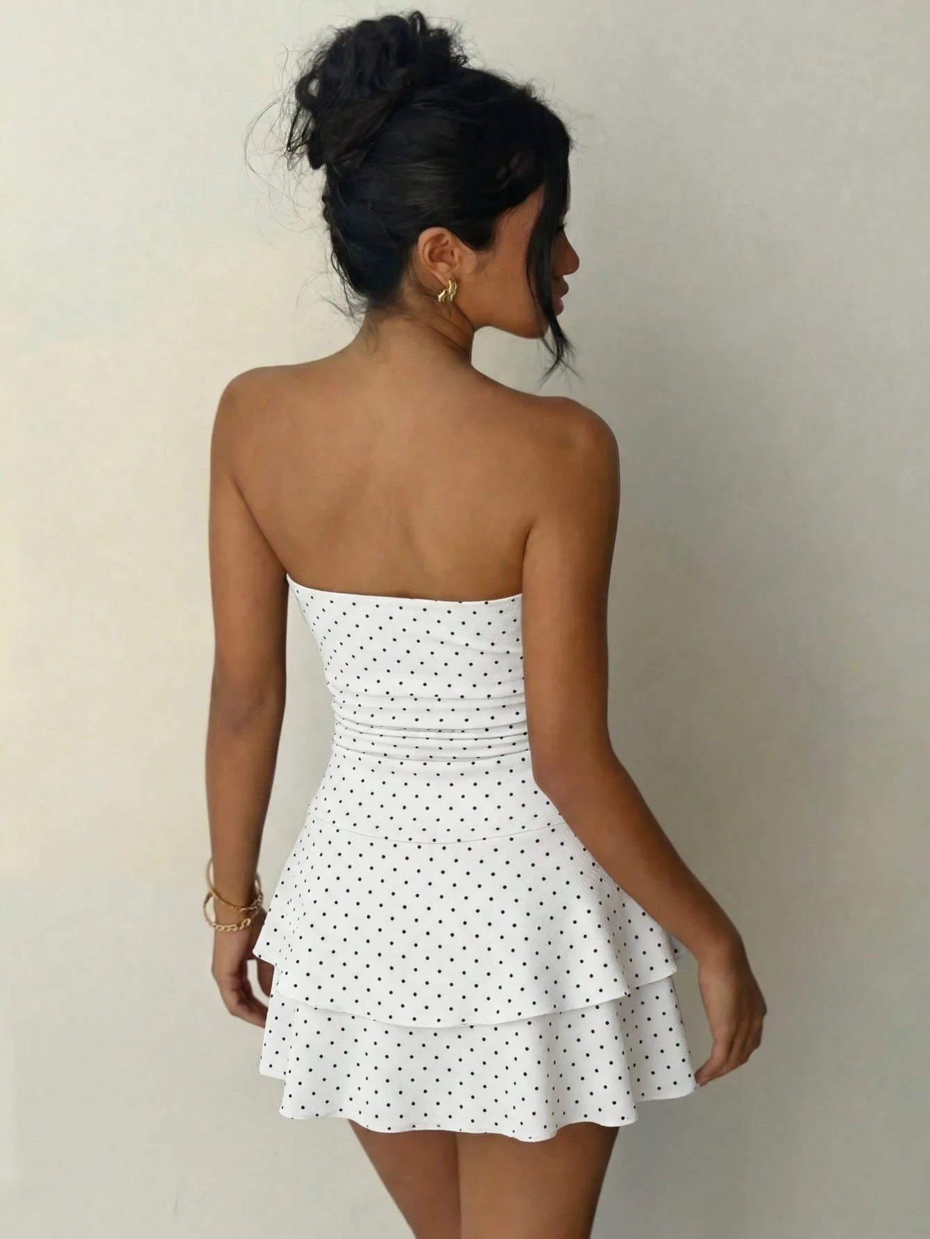 Women's Autumn Mini Dress,Polka Dot Strapless Ruched Tiered Mini Dress Party &Going Out Outfit,Festival Outfits Women White
