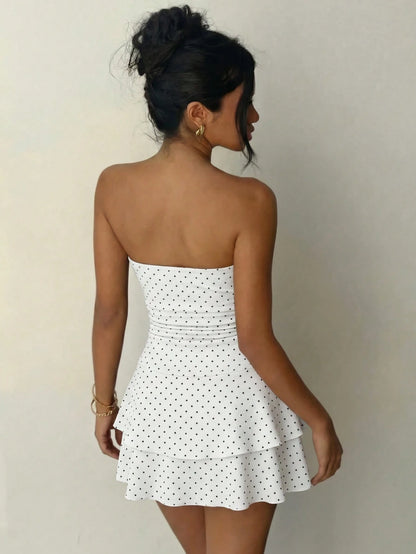 Women's Autumn Mini Dress,Polka Dot Strapless Ruched Tiered Mini Dress Party &Going Out Outfit,Festival Outfits Women White