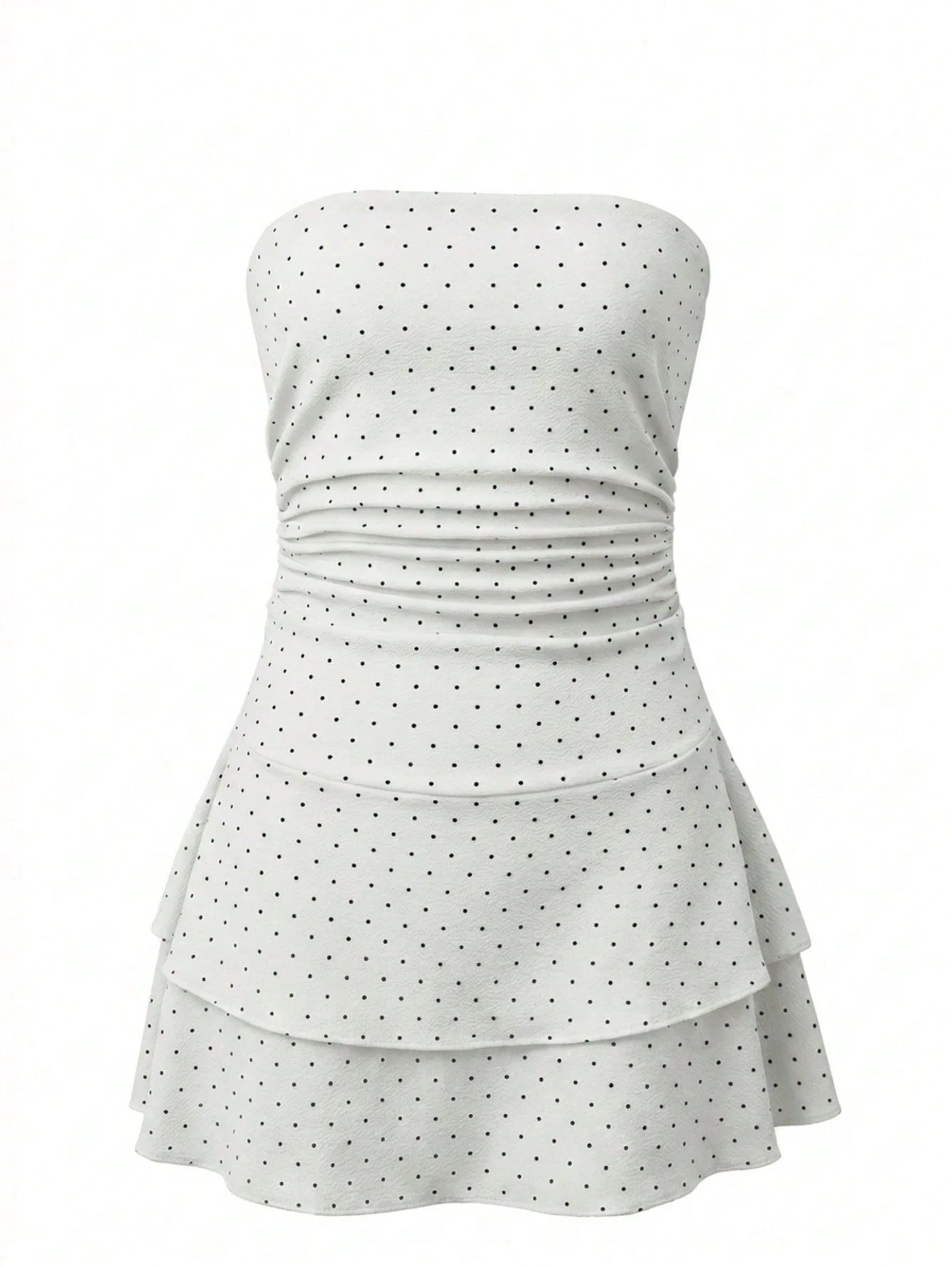 Women's Autumn Mini Dress,Polka Dot Strapless Ruched Tiered Mini Dress Party &Going Out Outfit,Festival Outfits Women White