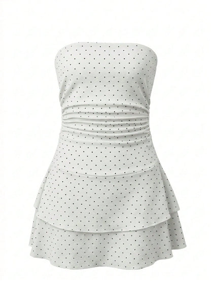Women's Autumn Mini Dress,Polka Dot Strapless Ruched Tiered Mini Dress Party &Going Out Outfit,Festival Outfits Women White