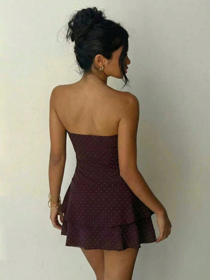 Women's Autumn Mini Dress,Polka Dot Strapless Ruched Tiered Mini Dress Party &Going Out Outfit,Festival Outfits Women White