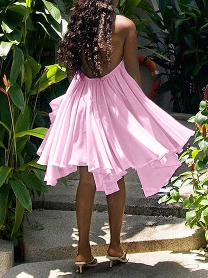 Women's Backless Spaghetti Strap Sleeveless Mini Dress, Sexy Elegant Fashion Party Skirt, Suitable For Office, Commute, And Vacation Pink Summer, Vacationcore
