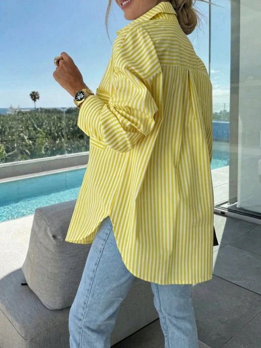 Women's Batwing Sleeve Striped Shirt, Casual Loose Fit For Spring/Summer, Suitable For Commuting And Daily Wear Yellow