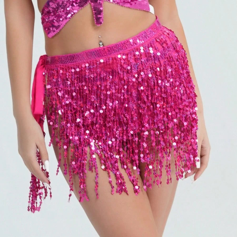 Women's Belly Dance Skirt Sparkly Sequined Fringe Wrap Hip Scarf, Festival Rave Carnival Costume, Burlesque Tassel Skirt For Women Party