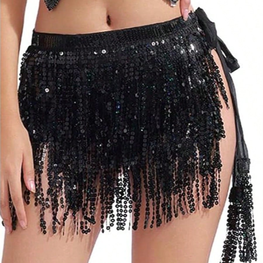 Women's Belly Dance Skirt Sparkly Sequined Fringe Wrap Hip Scarf, Festival Rave Carnival Costume, Burlesque Tassel Skirt For Women Party