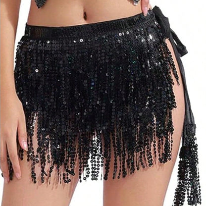 Women's Belly Dance Skirt Sparkly Sequined Fringe Wrap Hip Scarf, Festival Rave Carnival Costume, Burlesque Tassel Skirt For Women Party