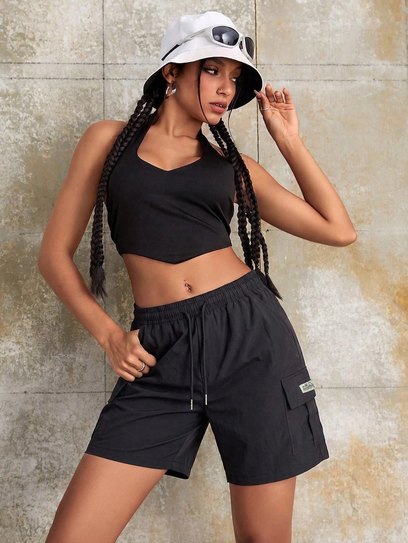 Women's Black Cargo Shorts, Drawstring Waist, Multiple Pockets, Casual Everyday Versatile