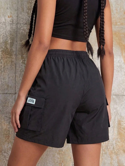 Women's Black Cargo Shorts, Drawstring Waist, Multiple Pockets, Casual Everyday Versatile