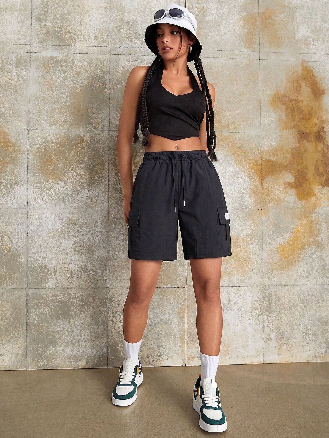 Women's Black Cargo Shorts, Drawstring Waist, Multiple Pockets, Casual Everyday Versatile