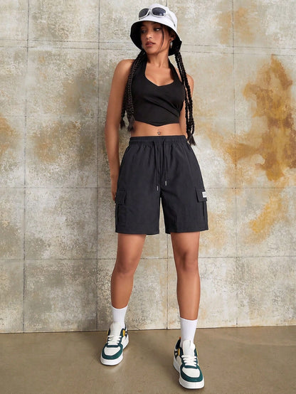 Women's Black Cargo Shorts, Drawstring Waist, Multiple Pockets, Casual Everyday Versatile