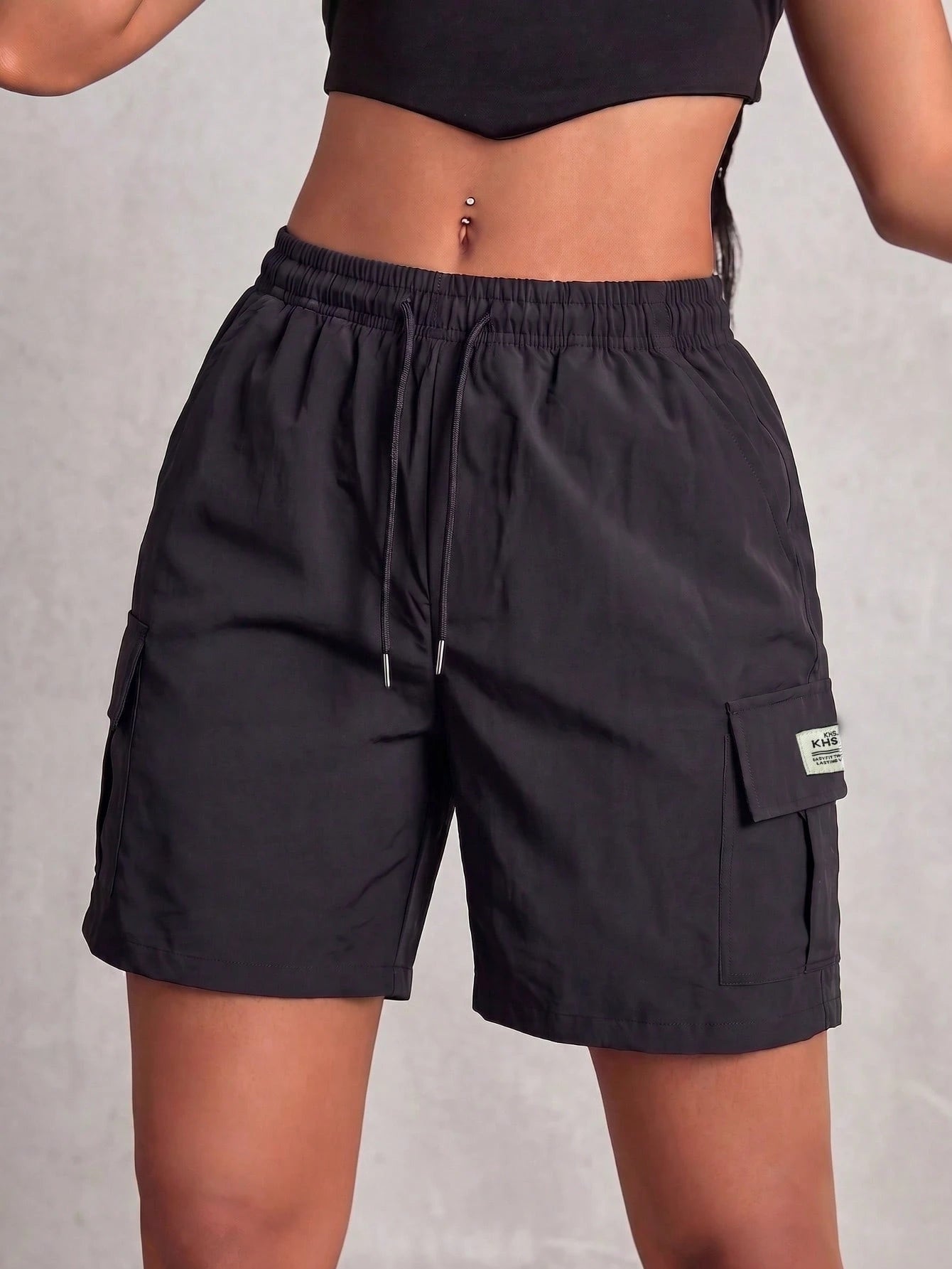 Women's Black Cargo Shorts, Drawstring Waist, Multiple Pockets, Casual Everyday Versatile
