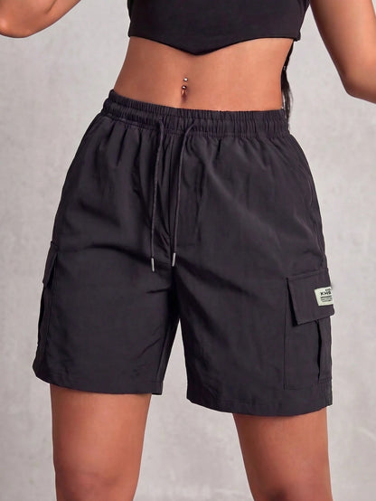 Women's Black Cargo Shorts, Drawstring Waist, Multiple Pockets, Casual Everyday Versatile