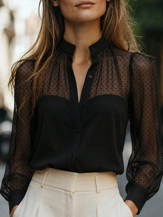 Women's Black Contrast Mesh Long Puff Sleeve Stand Collar Blouse, Regular Elegant Top, Polka Dot Mesh Patchwork Shirt