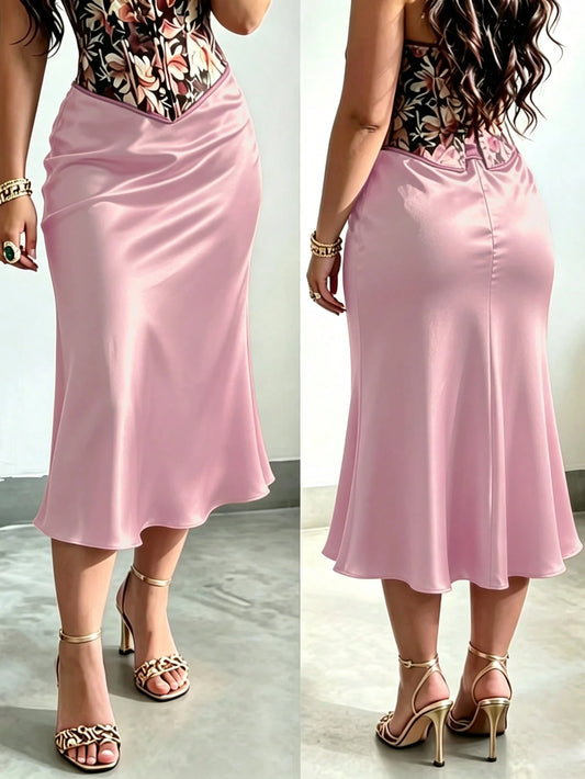 Women's Black Satin Midi Skirt, Sexy Date Night Gown, Luxury Style Spaghetti Strap Skirt, Versatile Casual Elegant Skirt, Minimalist Design Pink, Quiet Luxury