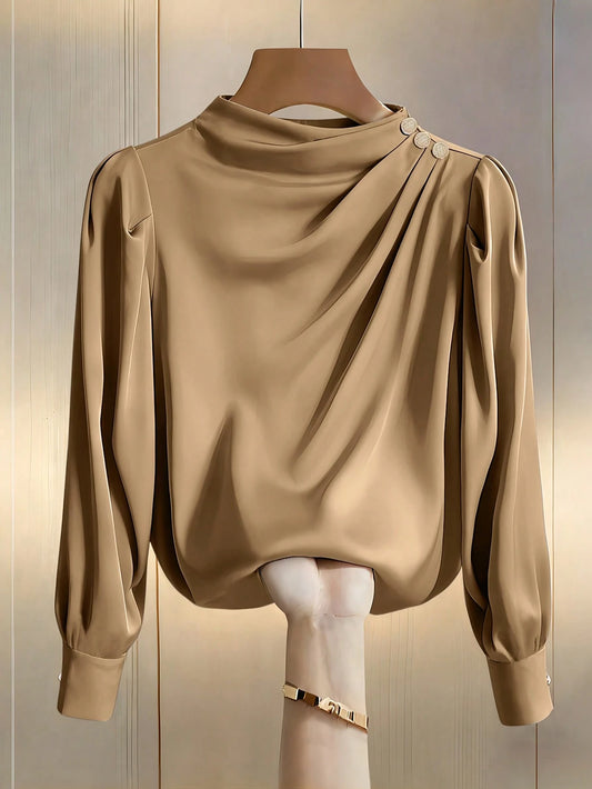 Women's Casual Commuter Shirt With Stand Collar, Pleated Design, And Princess Sleeves, Suitable For Spring And Autumn