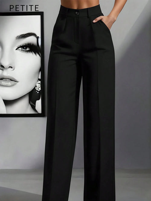 Women's Casual Commuting Solid Color Slant Pocket Straight Leg Pants, Suitable For Office Black,Petite Women