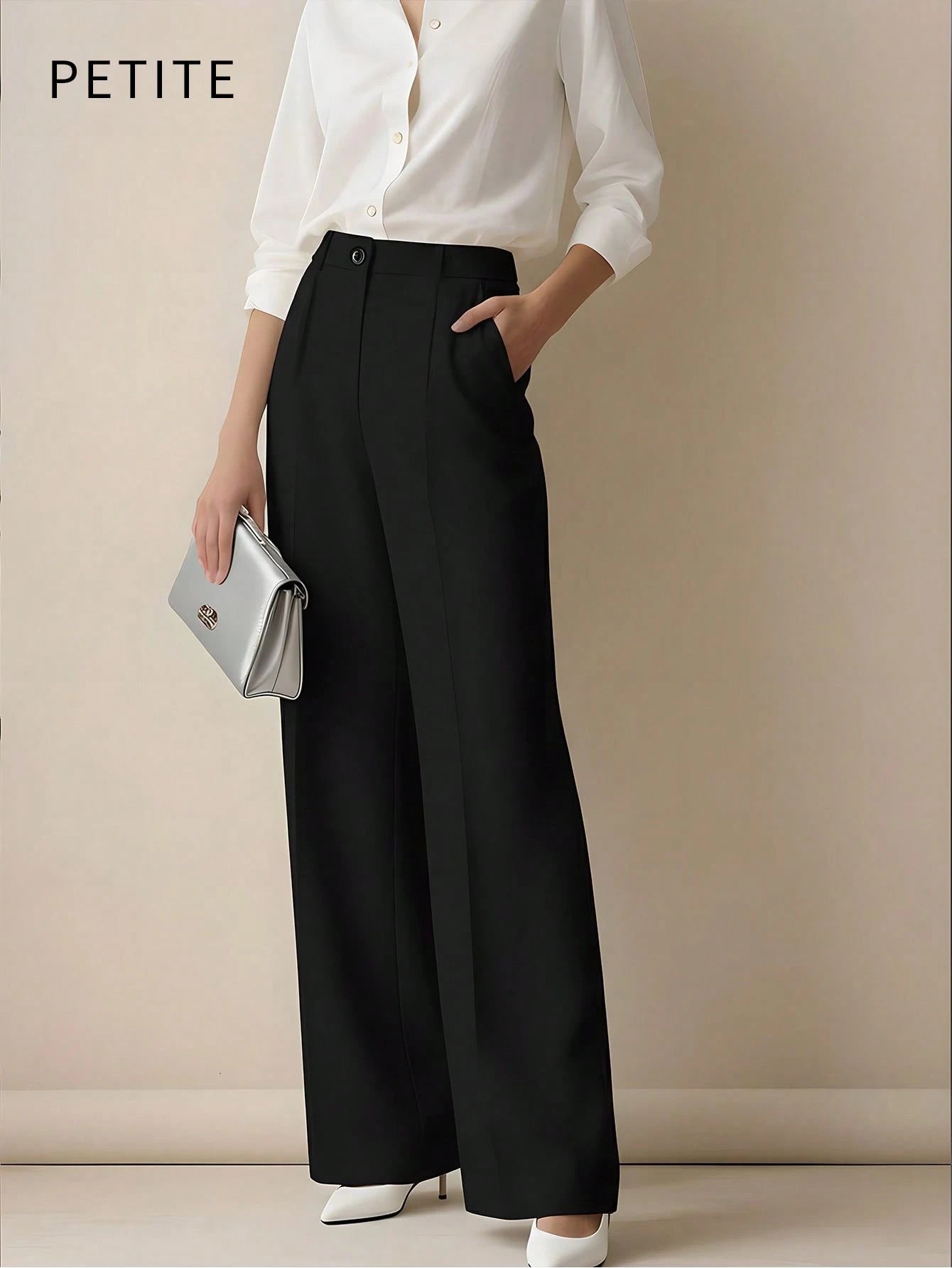 Women's Casual Commuting Solid Color Slant Pocket Straight Leg Pants, Suitable For Office Black,Petite Women