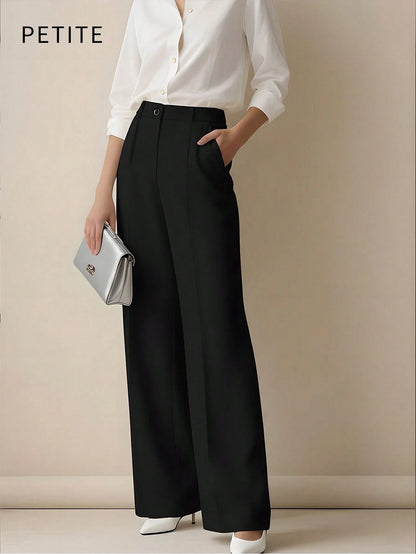 Women's Casual Commuting Solid Color Slant Pocket Straight Leg Pants, Suitable For Office Black,Petite Women