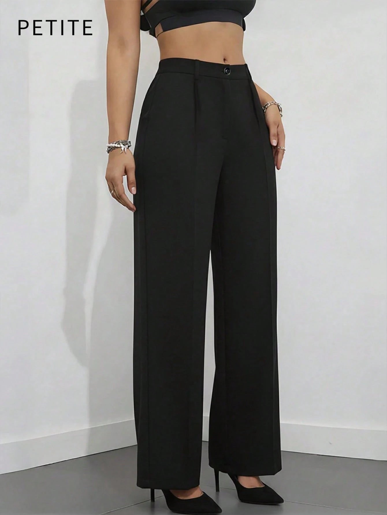 Women's Casual Commuting Solid Color Slant Pocket Straight Leg Pants, Suitable For Office Black,Petite Women