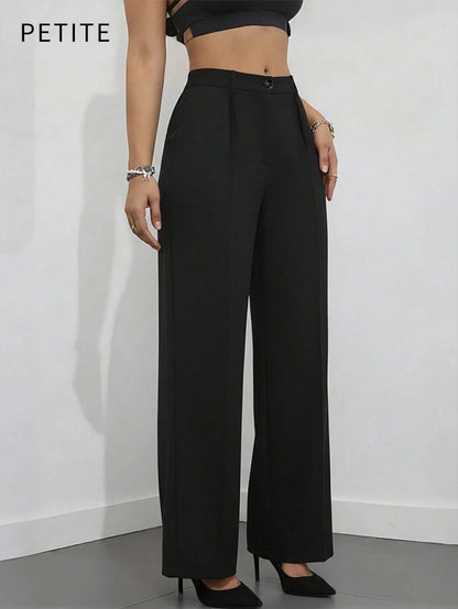 Women's Casual Commuting Solid Color Slant Pocket Straight Leg Pants, Suitable For Office Black,Petite Women