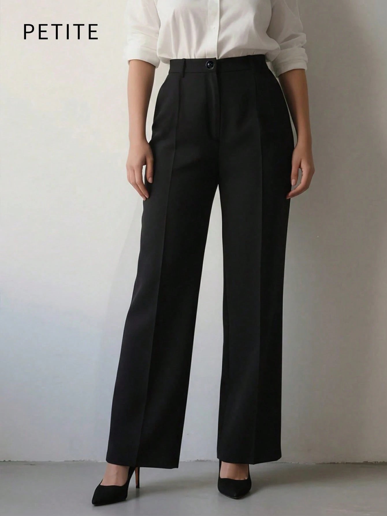 Women's Casual Commuting Solid Color Slant Pocket Straight Leg Pants, Suitable For Office Black,Petite Women
