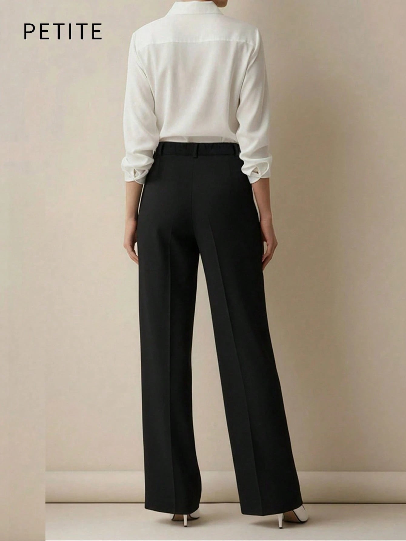 Women's Casual Commuting Solid Color Slant Pocket Straight Leg Pants, Suitable For Office Black,Petite Women