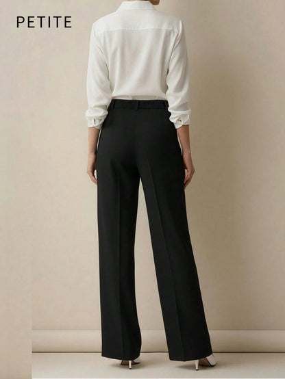 Women's Casual Commuting Solid Color Slant Pocket Straight Leg Pants, Suitable For Office Black,Petite Women