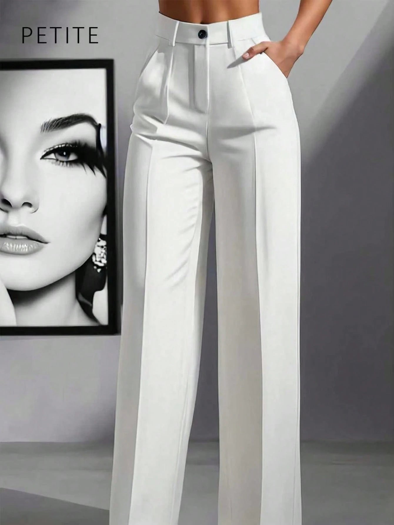 Women's Casual Commuting Solid Color Slant Pocket Straight Leg Pants, Suitable For Office Black,Petite Women