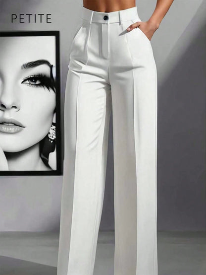 Women's Casual Commuting Solid Color Slant Pocket Straight Leg Pants, Suitable For Office Black,Petite Women