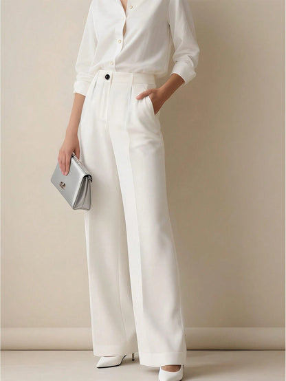 Women's Casual Commuting Solid Color Slant Pocket Straight Leg Pants, Suitable For Office Black,Petite Women