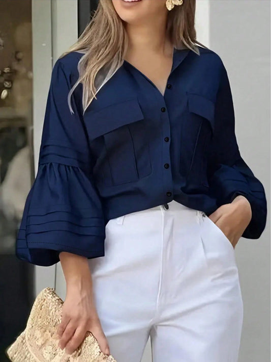 Women's Casual Elegant Commuter Solid Color Bell Sleeve Shirt- New Spring/Autumn Collection