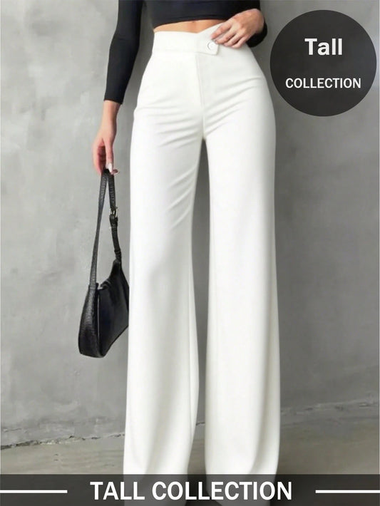 Women's Casual Elegant Straight Leg Pants, Back To School Essential, Asymmetric V-Waistline, Office, Date, Vacation, Black, Spring, Tall Women White