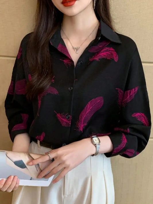 Women's Casual Feather Print Elegant Long Sleeve Blouse, Ladies Tops For Spring And Summer
