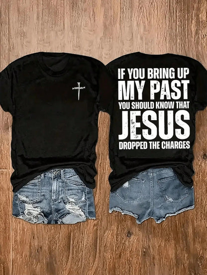 Women's Casual Graphic Tee- "Jesus Dropped The Charges" Double-Sided Print, Soft & Comfortable Round Neck Short Sleeve T-Shirt