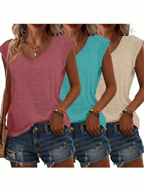 Women's Casual Knit V-Neck Short Sleeve T-Shirt, Medium Stretch, Regular Fit, Suitable For Summer Wear