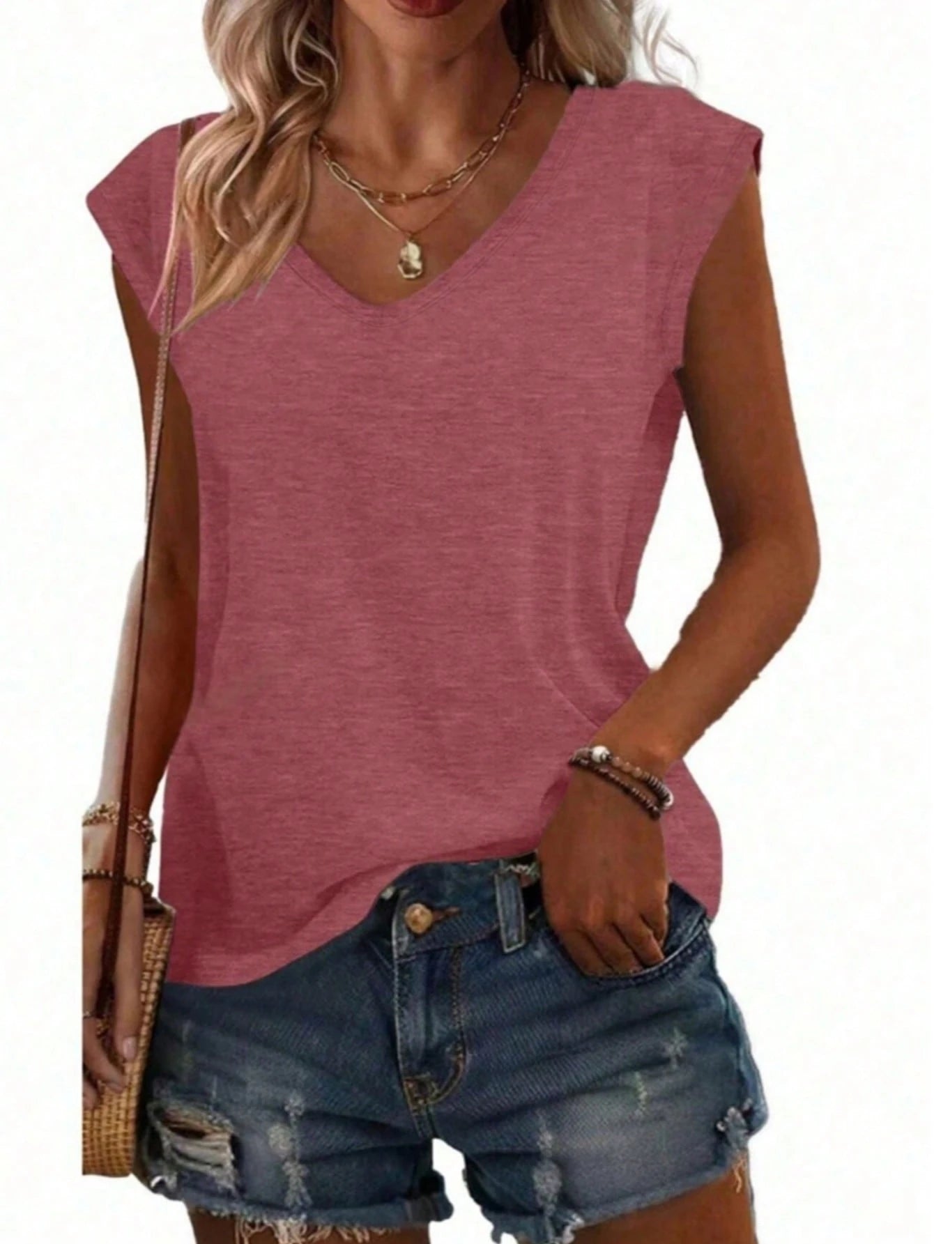 Women's Casual Knit V-Neck Short Sleeve T-Shirt, Medium Stretch, Regular Fit, Suitable For Summer Wear