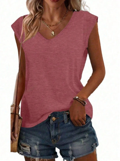Women's Casual Knit V-Neck Short Sleeve T-Shirt, Medium Stretch, Regular Fit, Suitable For Summer Wear