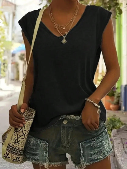 Women's Casual Knit V-Neck Short Sleeve T-Shirt, Medium Stretch, Regular Fit, Suitable For Summer Wear