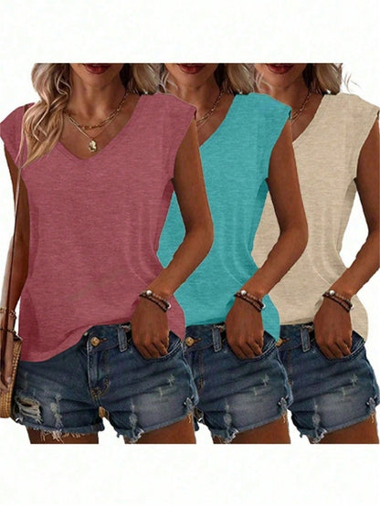 Women's Casual Knit V-Neck Short Sleeve T-Shirt, Medium Stretch, Regular Fit, Suitable For Summer Wear
