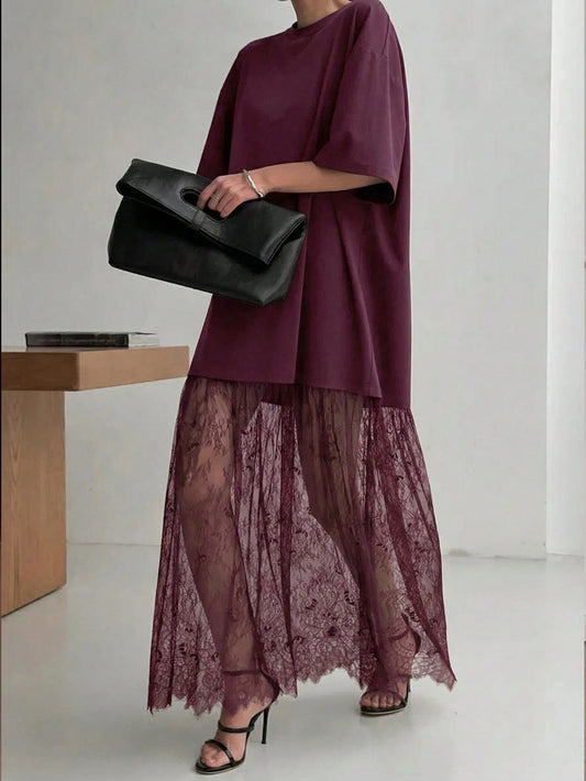 Women's Casual Lace Patchwork Short Sleeve Dress (No Belt), Solid Color Casual Knit Fabric Lace Patchwork Dress For Everyday, Office Elegant Summer, Work To Weekend
