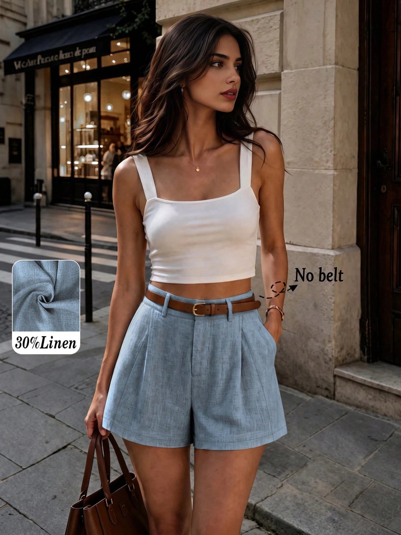 Women's Casual Linen Blend Pleated Design Side Pocket A-Line Shorts, Spring/Summer, Vacationcore, Resort Wear