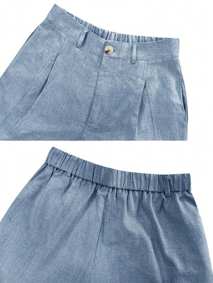 Women's Casual Linen Blend Pleated Design Side Pocket A-Line Shorts, Spring/Summer, Vacationcore, Resort Wear