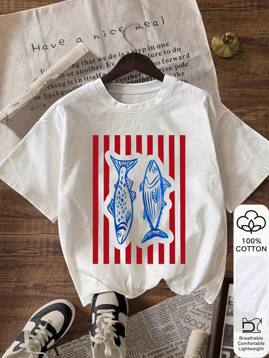 Women's Casual Striped Fish Print Round Neck Short Sleeve T-Shirt, Summer