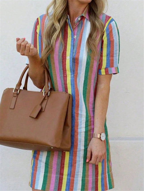 Women's Casual Striped Short Sleeve Shirt Dress, Button Front Woven Mini Dress, Summer Essential Elegant