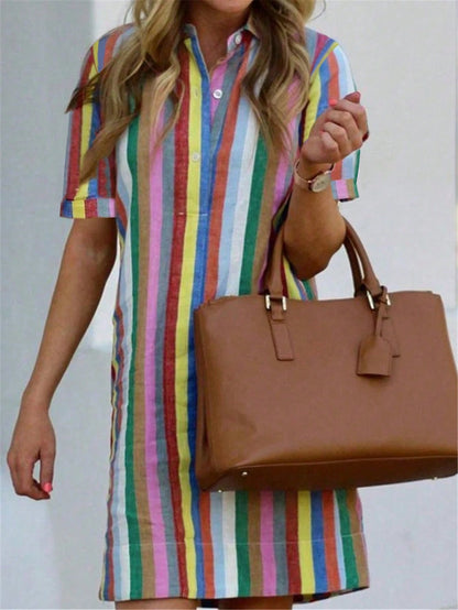 Women's Casual Striped Short Sleeve Shirt Dress, Button Front Woven Mini Dress, Summer Essential Elegant